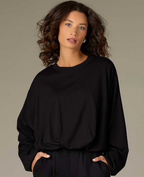 Black Barrel Sleeve Pleat Hem T-Shirt