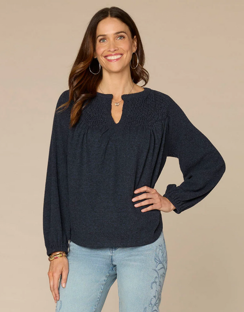 Heather Navy Smocked Knit Placket T-Shirt