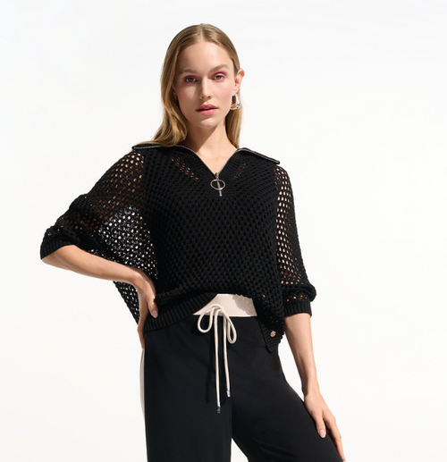 Black Crochet Funnel Neck Zipper Sweater