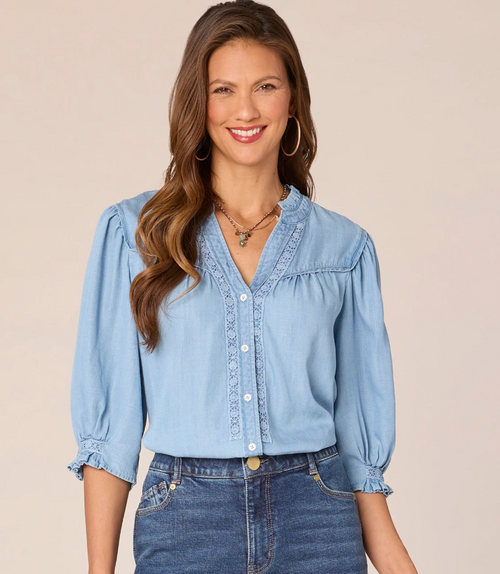 Democracy's Chambray Crochet and Ruffle Detail Top