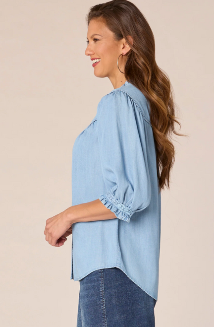 Chambray Crochet and Ruffle Detail Top