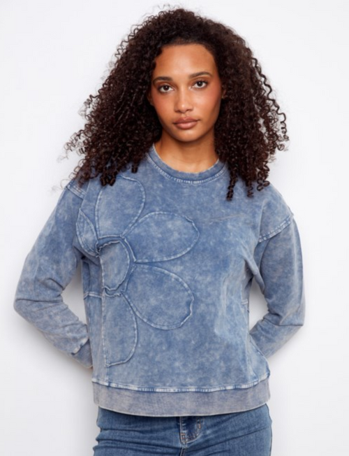 Charlie B's Denim Large Flower Applique Sweater