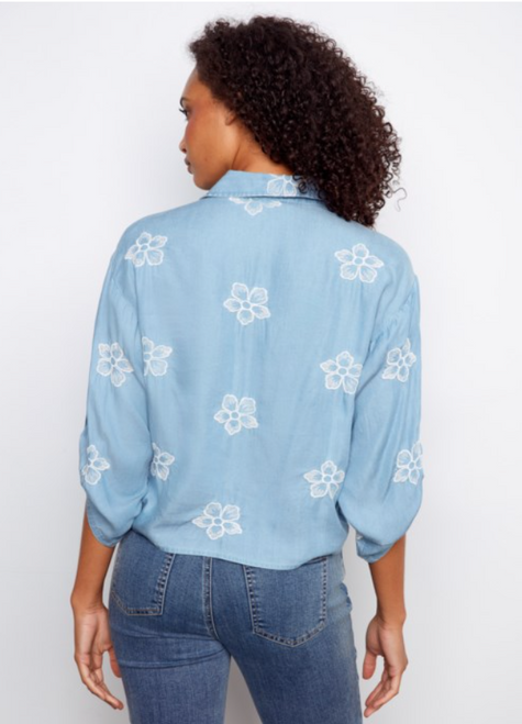 Embroidered Flowers Tie Front Chambray Blouse
