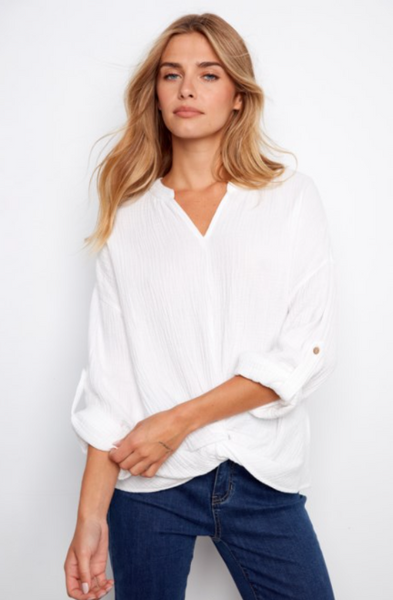 Charlie B's White Twist Front Roll-Up Sleeve Blouse