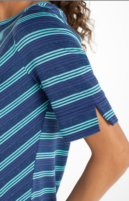 Navy and Teal Boat Neck Diagonal Stripe T-Shirt