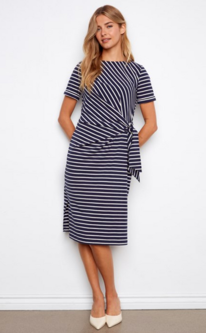 Charlie B's Navy Stripe Gathered Tie Short Sleeve Dress
