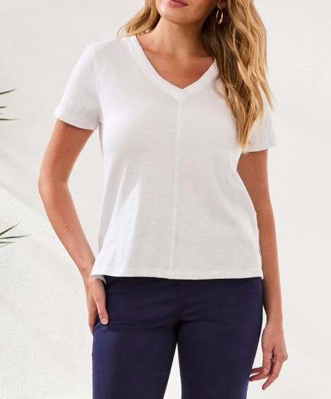 White Front Seam V-Neck T-Shirt