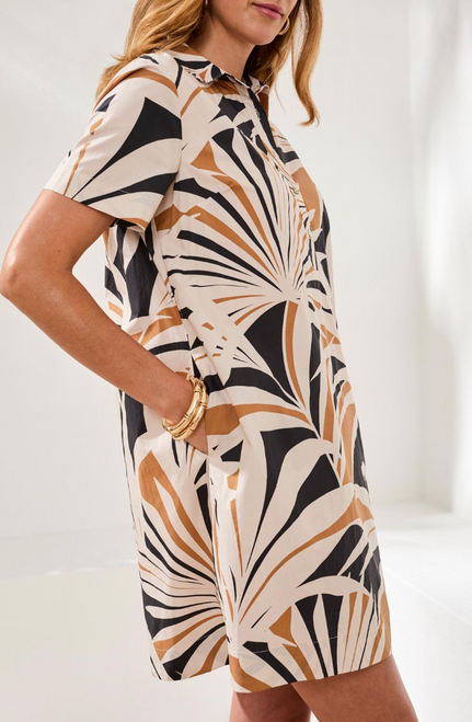 Neutral Tropical Print Collared Placket A-Line Dress