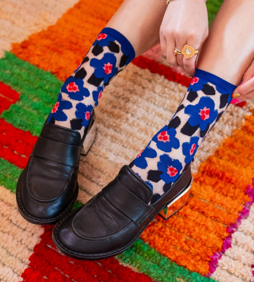 Bold Blue Floral Sheer Crew Sock