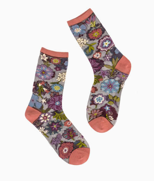 Dark Florals Black Sheer Crew Sock