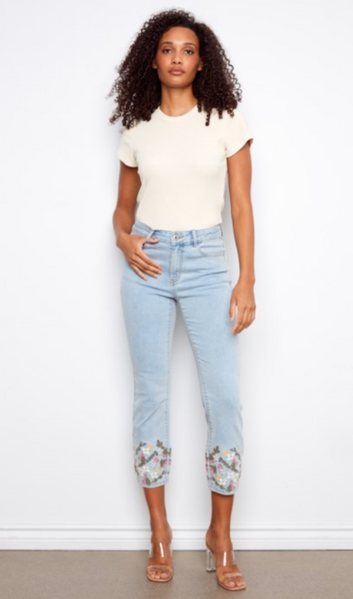 Charlie B Embroidered Crop Slim Stretch Jean