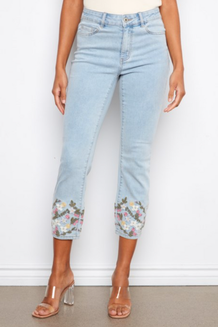 Light Blue Embroidered Crop Slim Stretch Jean
