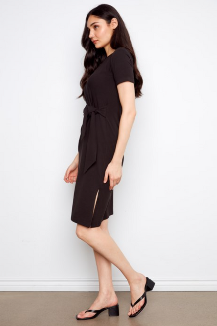 Black Short Sleeve Side Tie Gather Dress