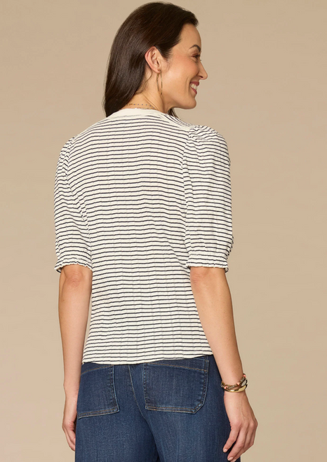 Democracy's Navy and Off White Stripe Mandarin Collar Puff Sleeve T-Shirt