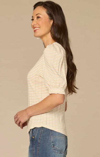 Honey and Off White Stripe Mandarin Collar Puff Sleeve T-Shirt
