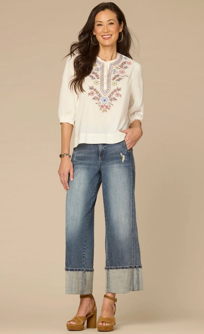 3/4 Sleeved Embroidered Placket Top