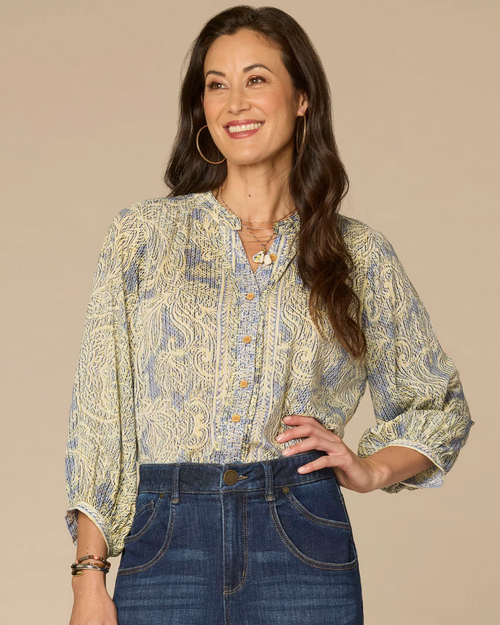 3/4 Sleeved Pleat Detail Leaf Blouson Top