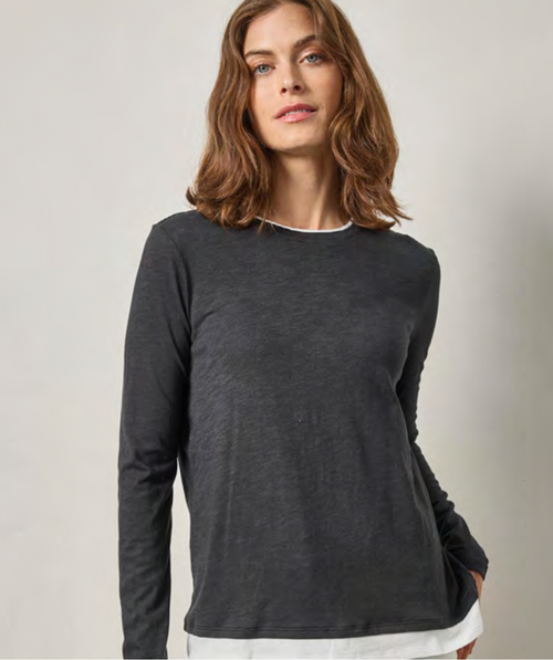 Black Paneled Hem Long Sleeve Crew T-Shirt