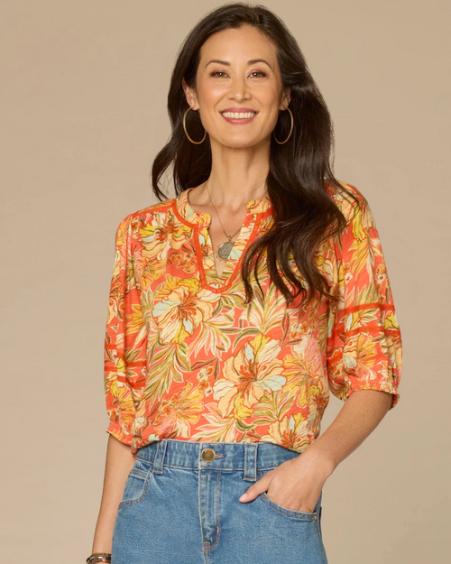 Democracy's Coral Floral Placket Top