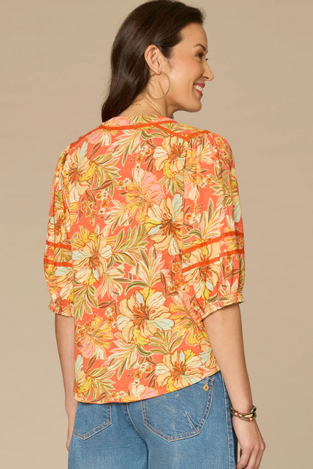 Deep Coral Floral Placket Top