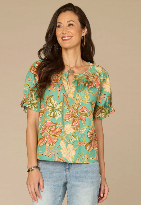 Floral Sea Glass Smock Neck Top
