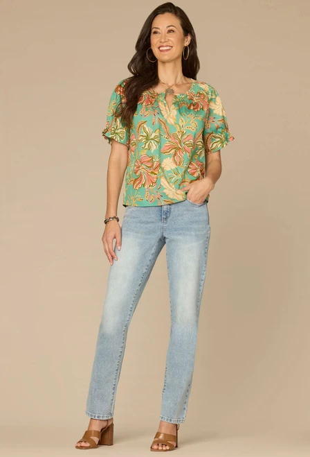 Multi-colored Floral Sea Glass Smock Neck Top