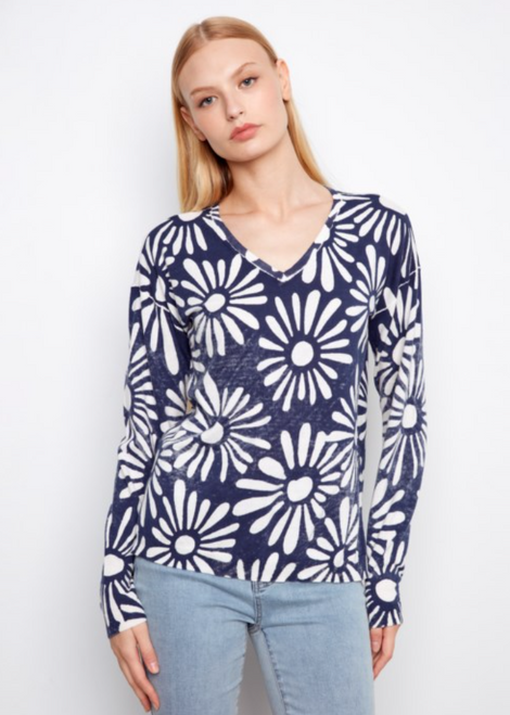 Nautic Daisy Reverse Print V-Neck Sweater