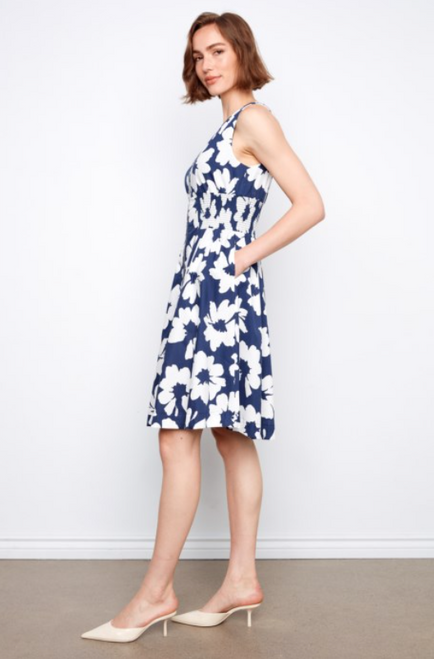 White and Navy Floral Front Zipper Dress