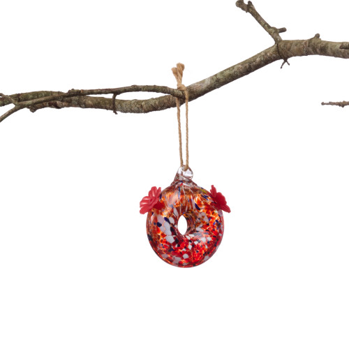Round Red Art Glass Double Hummingbird Feeder