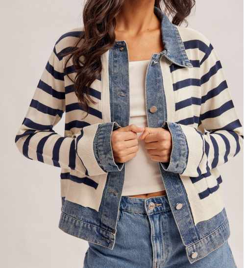 Stripe Sweater w/ Denim Trim Jacket