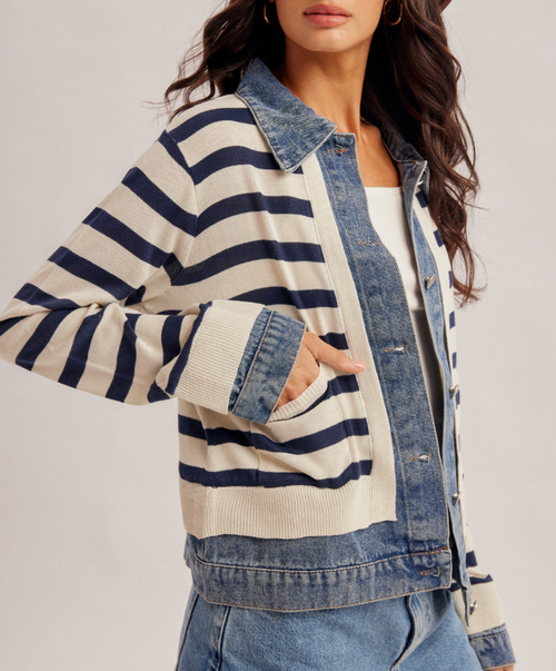 Stripe Sweater w/ Denim Trim Jacket