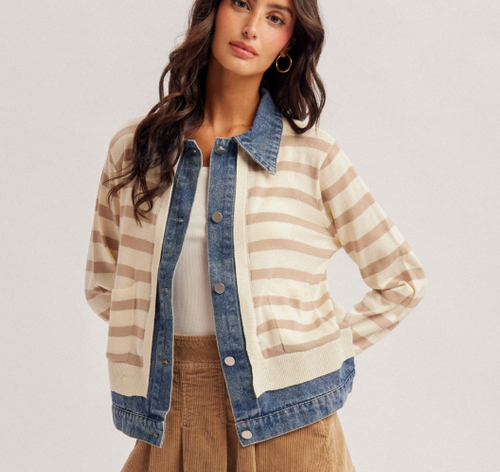 Stripe Sweater w/ Denim Trim Jacket