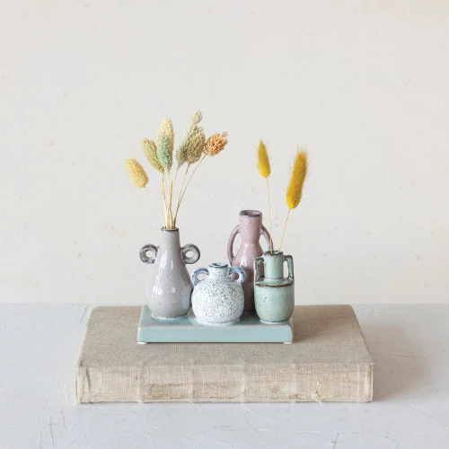 Neutral Colored Stoneware Mounted Vases on Base
