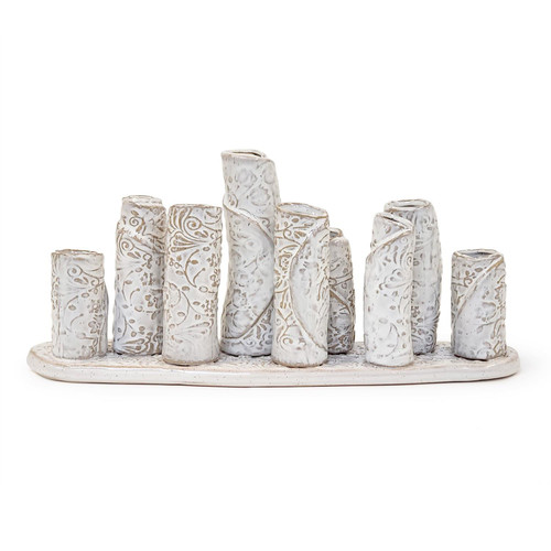 Porcelain White Washed Embossed Patterned Multi Vase