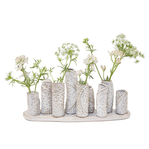 White Washed Embossed Patterned Multi Vase