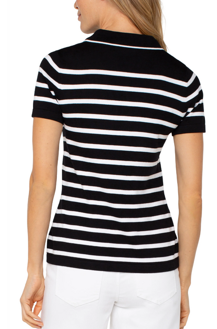Black and White Stripe Collared Short Sleeve Sweater