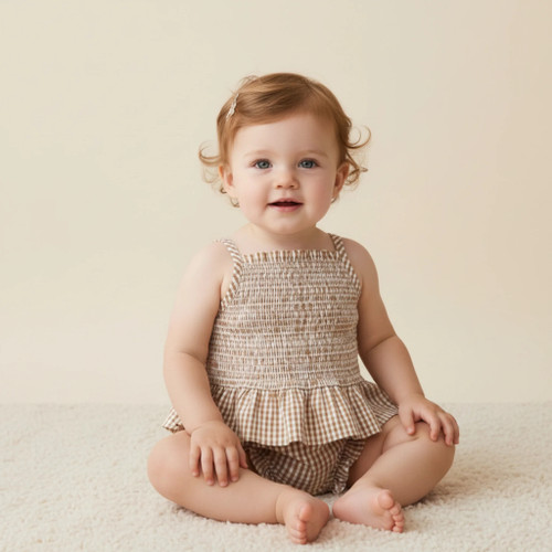 Caramel Check - Organic Smocked Top And Bloomer Set
