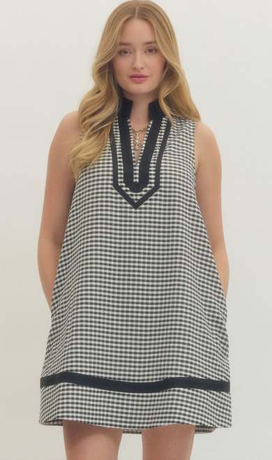 Gingham V Neck Detail Tank Dress