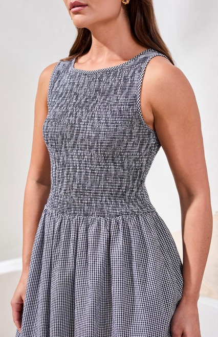 Black Ruched Gingham Dress