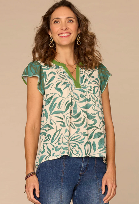 Democracy's Flutter Sleeve Pintuck Printed Top