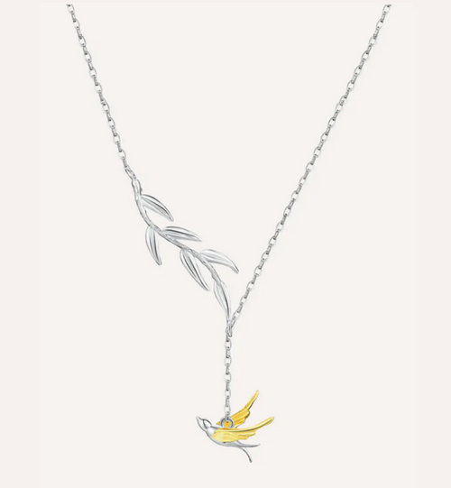 Silver Bird and Leaf Necklace