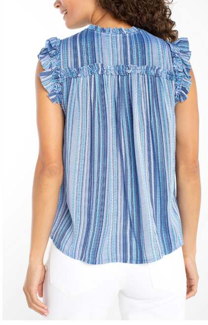 Chambray and Teal Stripe Flutter Sleeve Woven Top