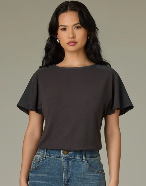 Vintage Black Mixed Media Shoulder Detail T-Shirt