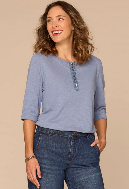 Horizon Blue Roll Cuff Henley T-Shirt