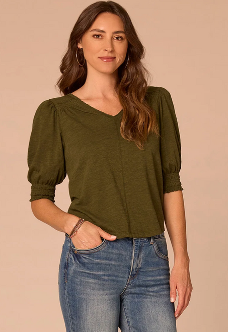 Heather Lily Pad Smocked Blouson Sleeve T-Shirt