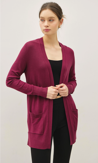 Dark Wine Midi Pocket Open Cardigan