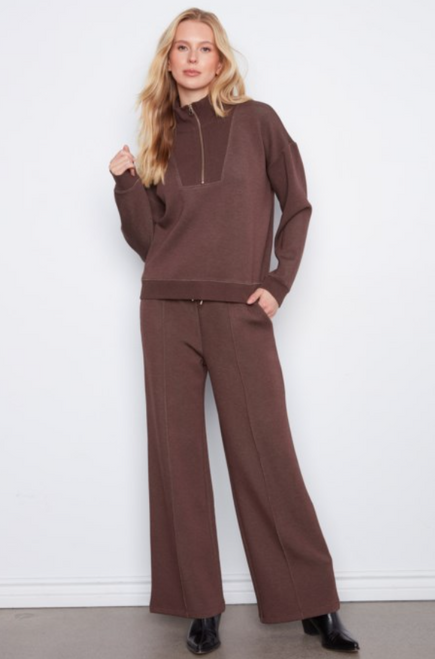Brown 3/4 Zip Scuba Knit Sweatshirt