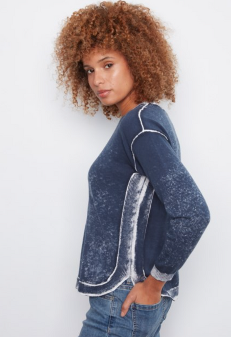 Blue Crew Neck V Burnout Sweater