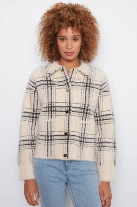 Oatmeal Fuzzy Plaid Snap Jacket