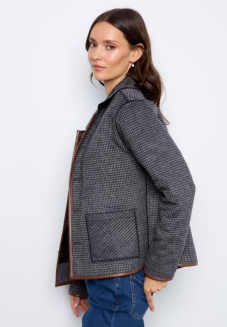 Leather Binding Reversible Plaid Button Jacket